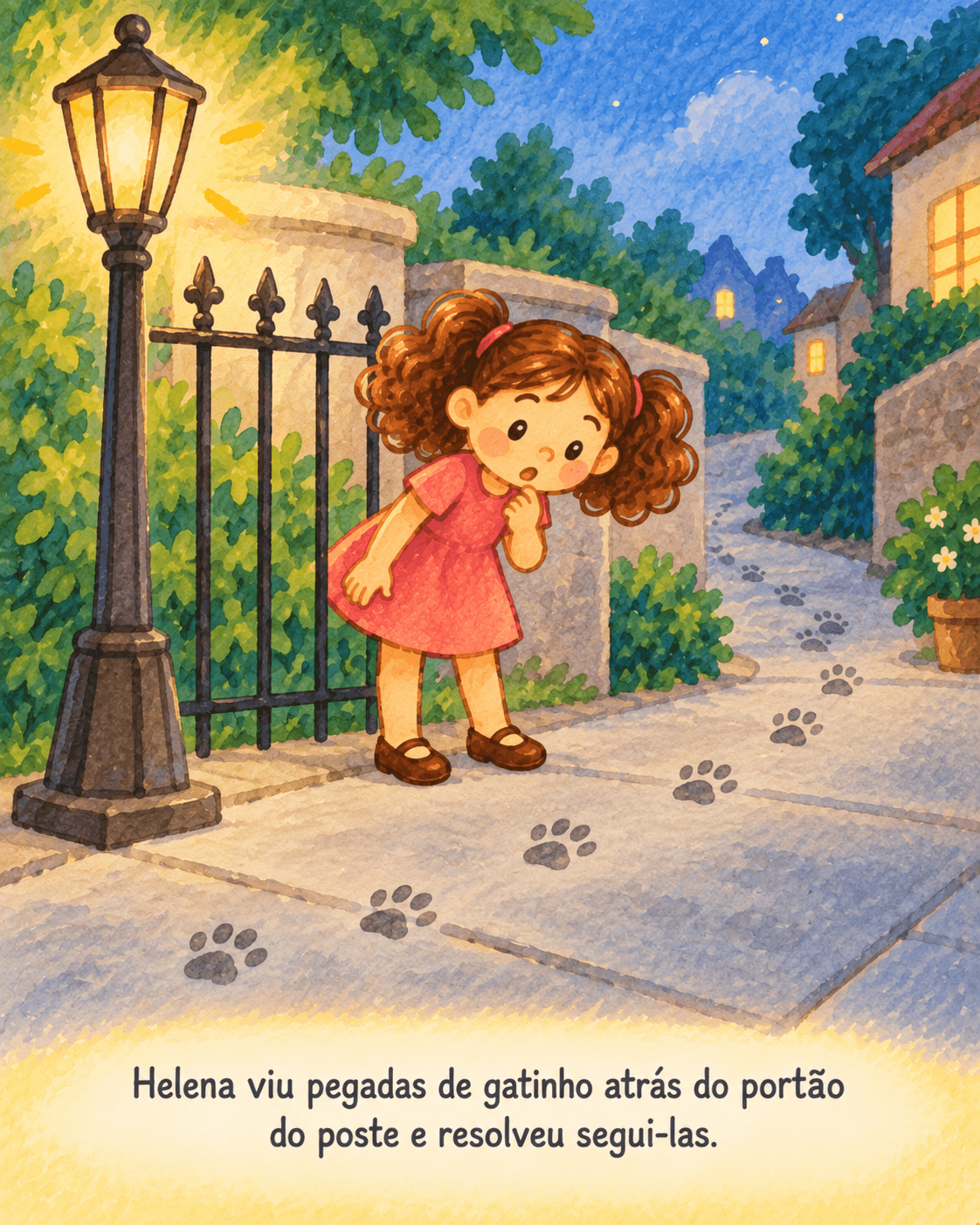 Cena 16 de O Maior Peixe do Mar: Helena viu pegadas de gatinho atrás do portão do poste e resolveu segui-las.