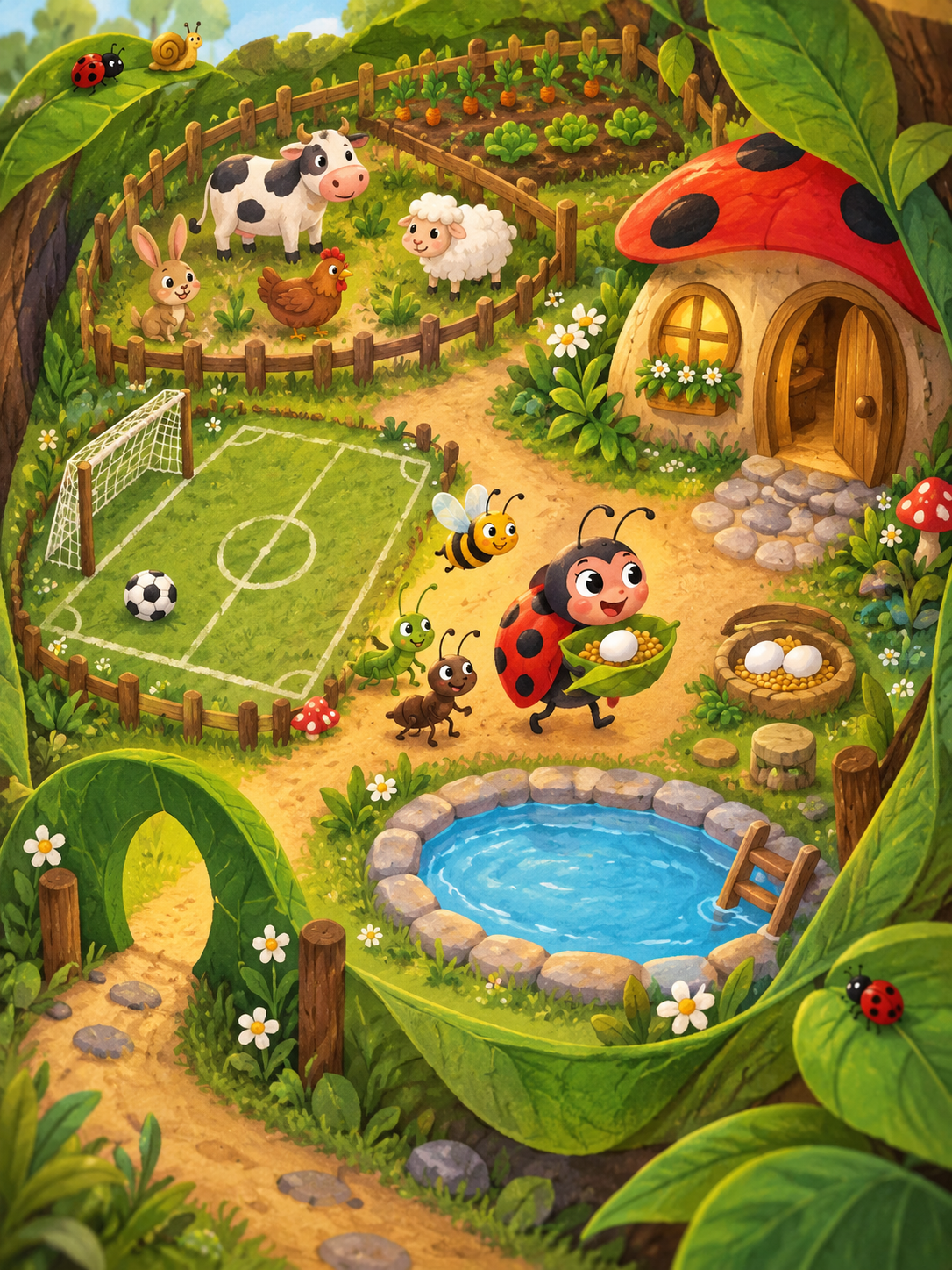 Ilustração inspirada no universo de Joaninha, com a joaninha, sua casa, fazenda, campo de futebol e piscina.